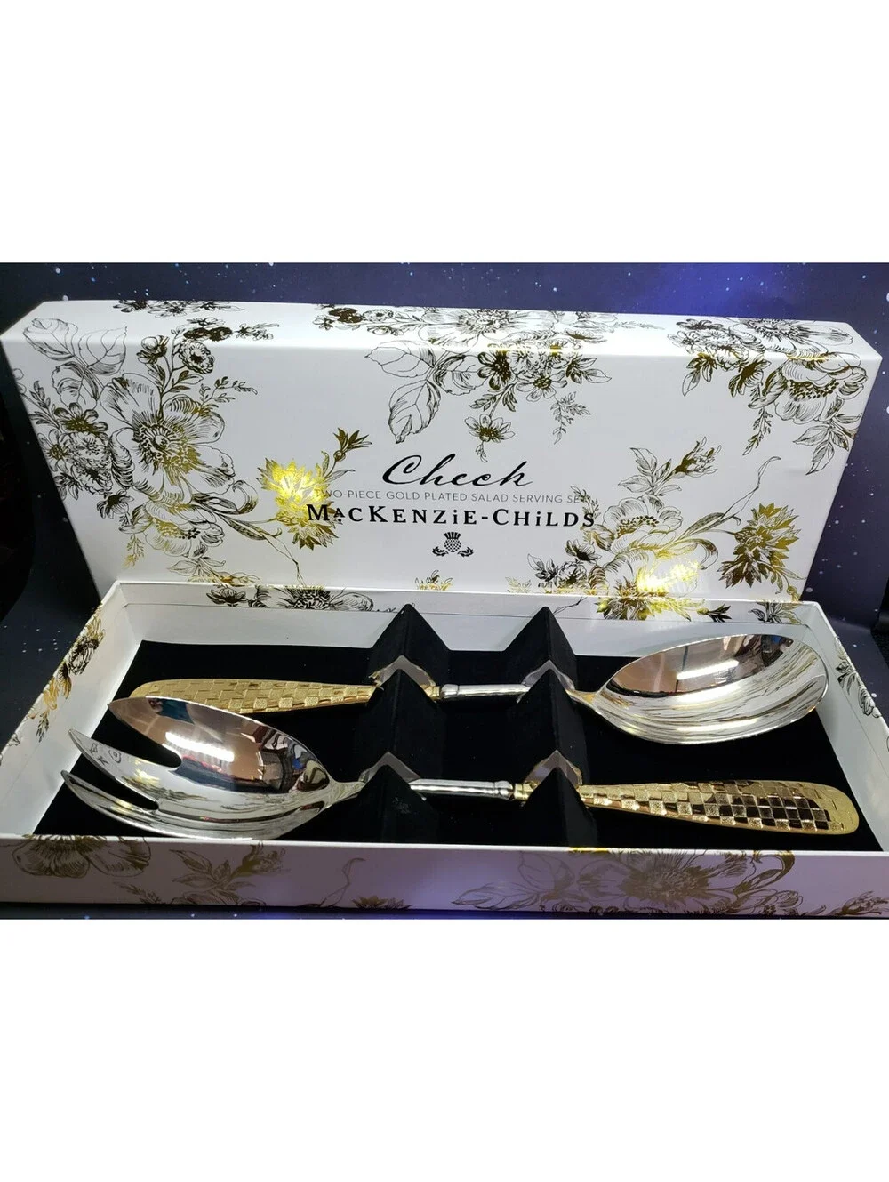 McKenzie Childs Gold Plated Salad Serving Set NEW IN BOX Check Pattern